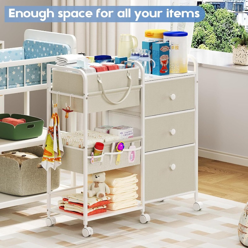 Baby Nursery Utility Cart - Large Capacity Baby Diaper Organizer Cart