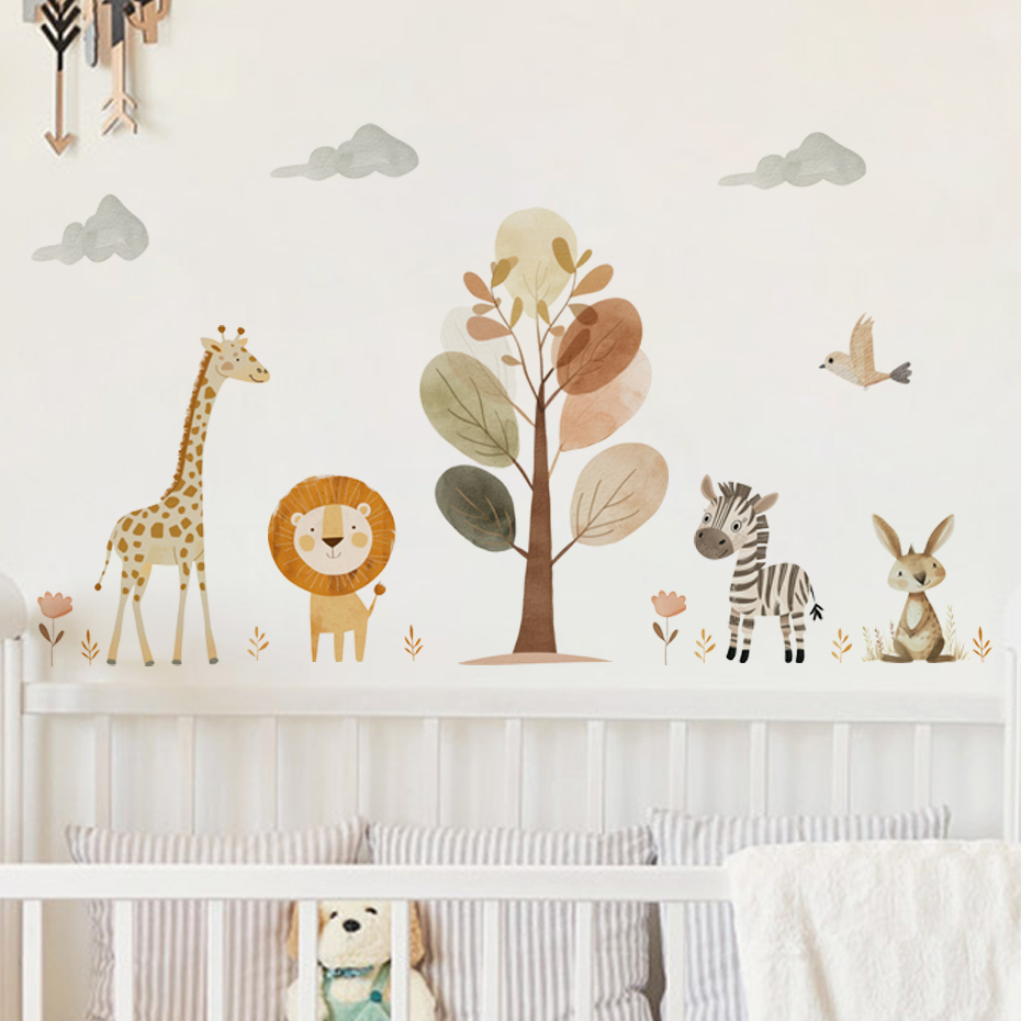 Baby Nursery Giraffe - Cartoon Cute Lion Giraffe Zebra Tree