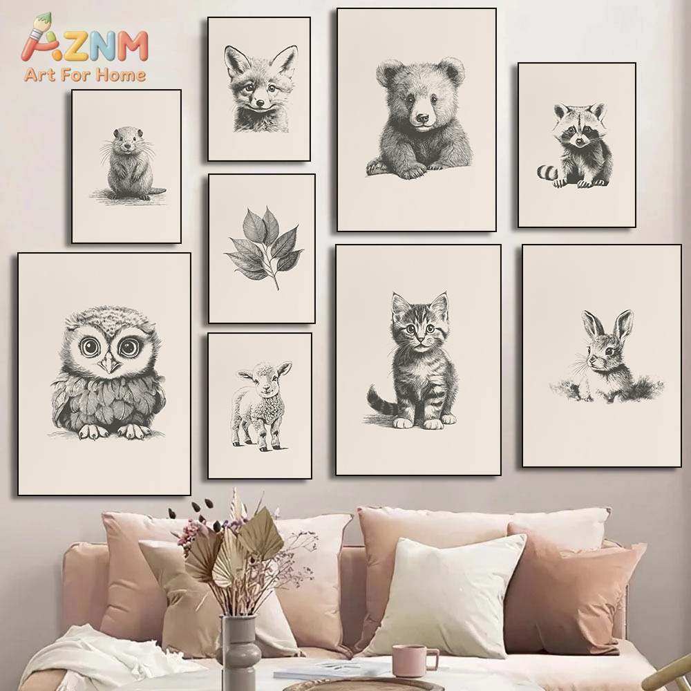 Baby Nursery Vintage Decor - AZNM Vintage Sketch Baby Animal Canvas