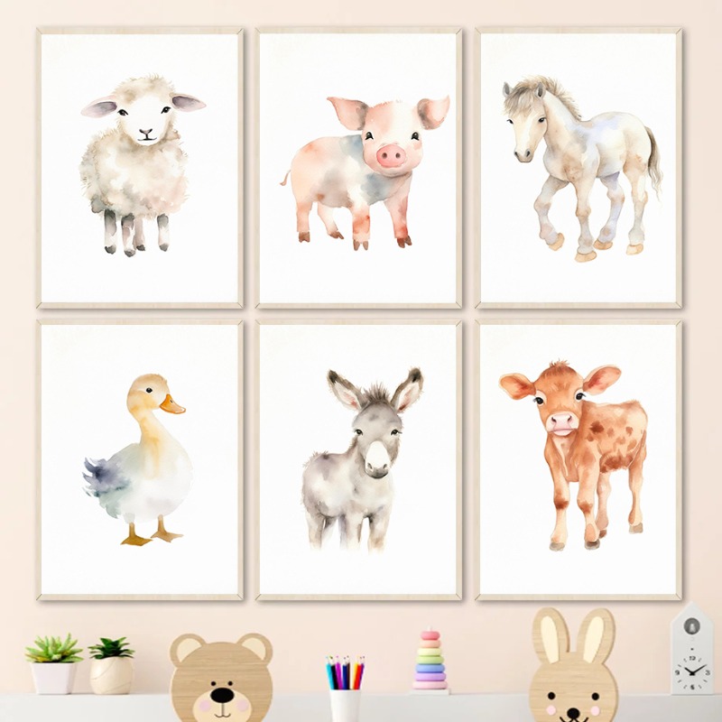 Baby Nursery Images - Watercolor Farm Animals Baby Horse Ducks