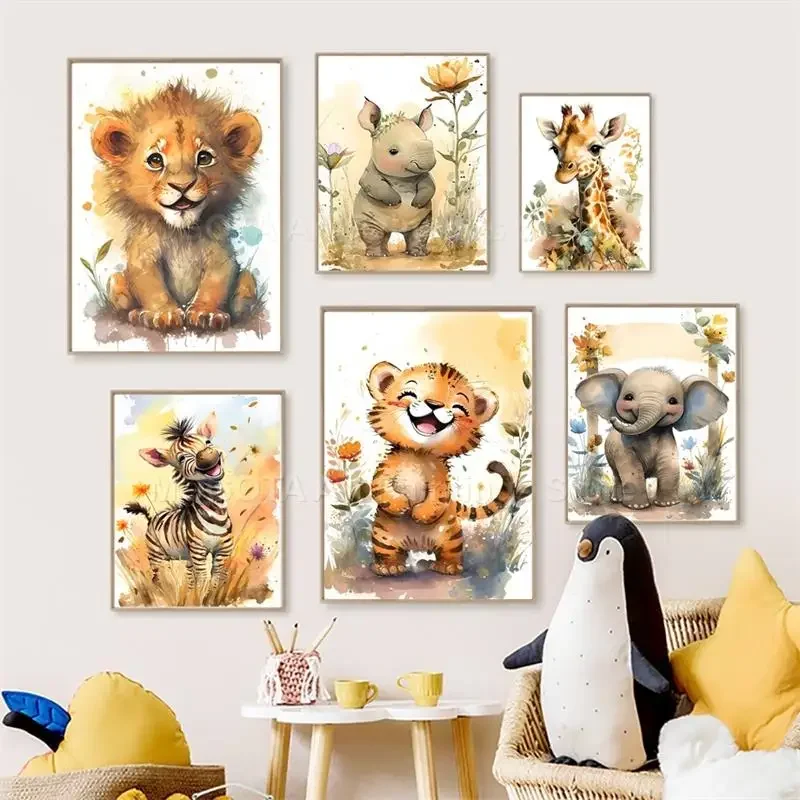 Baby Nursery Images - Watercolor Lion Giraffe Tiger Elephant Zebra