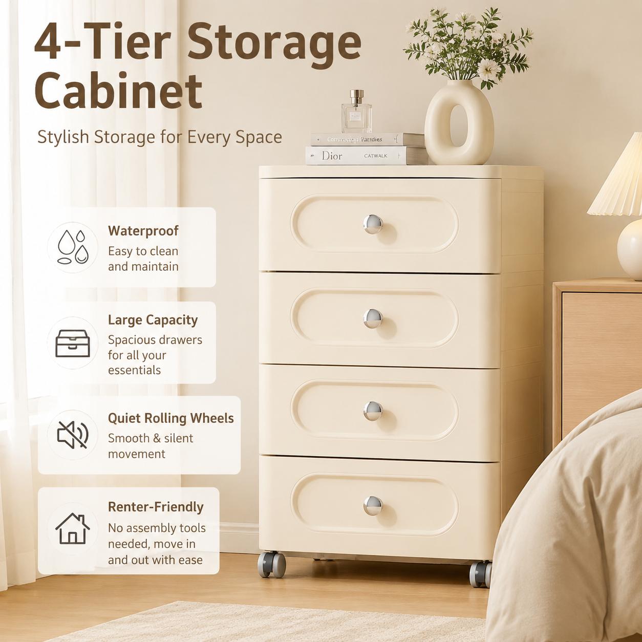 Baby Nursery Drawers - 4-Drawer Rectangle Rolling Storage Cabinet-Rack -