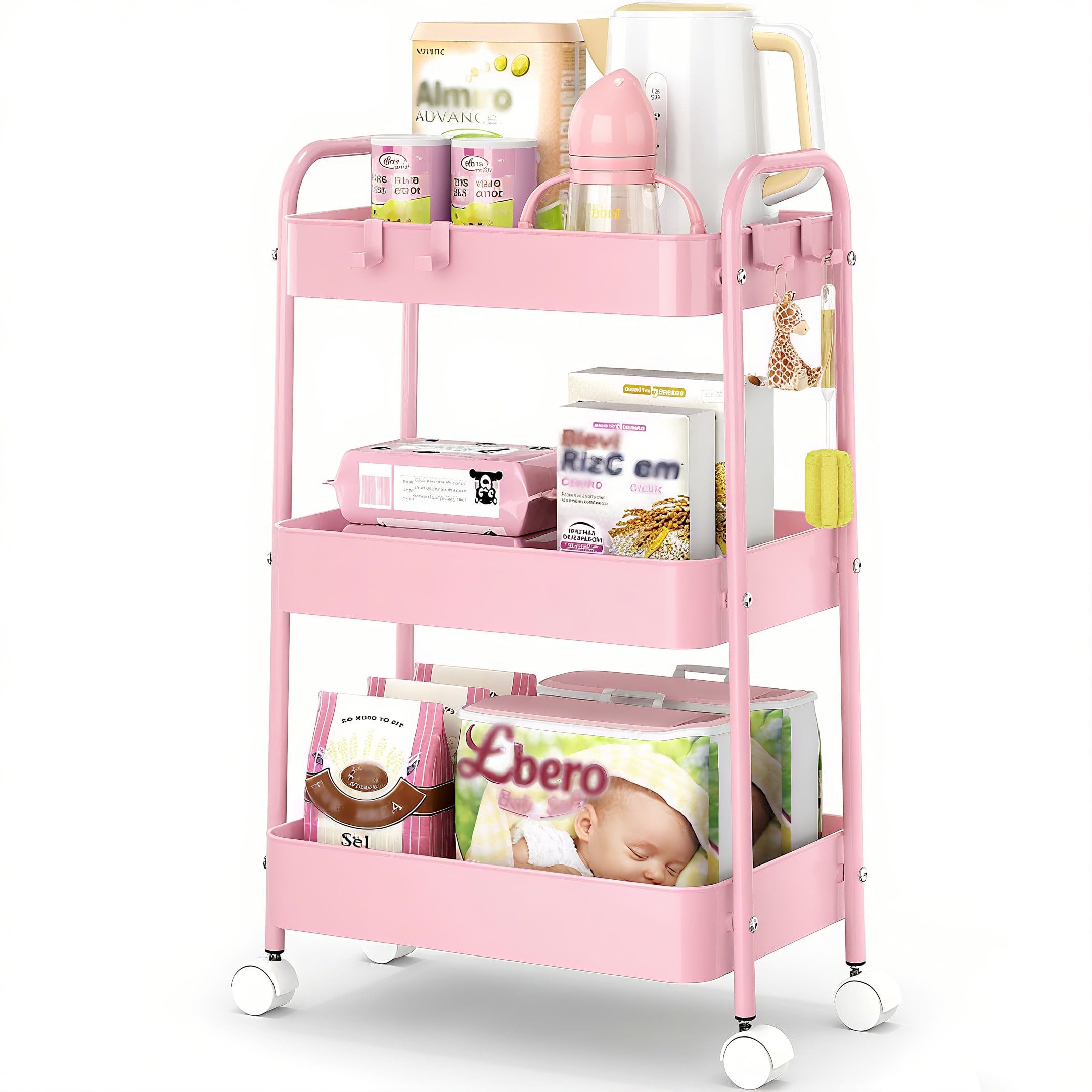 3 Tier Metal Rolling Cart With - Baby Nursery Essentials 评论和价格