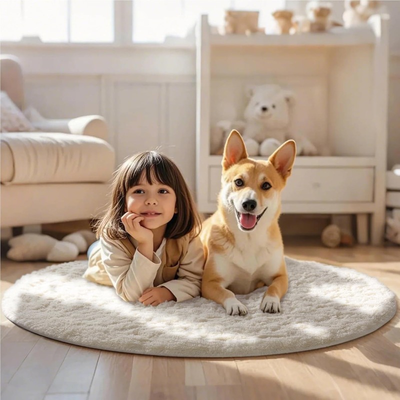 Round Cream White Rug Soft Flu - Baby Nursery Game 评论和价格