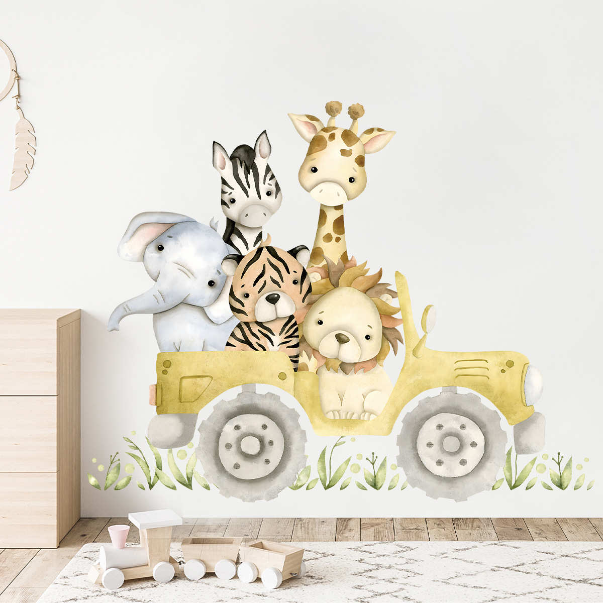 Cute Animals Drive Jeep Wall S - Baby Nursery Giraffe 评论和价格