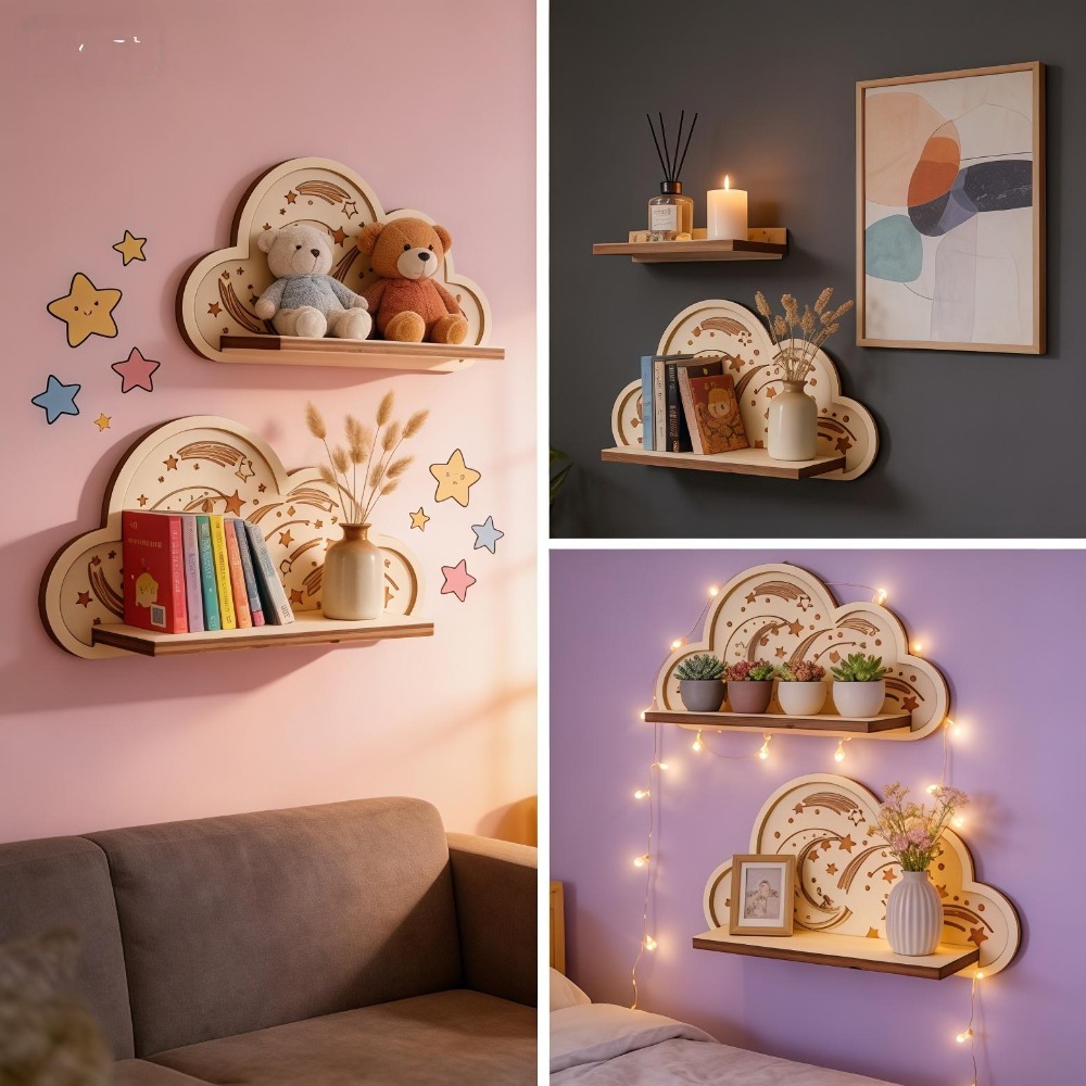 Wooden Cloud Wall Shelf Star M - Baby Nursery Hooks 评论和价格