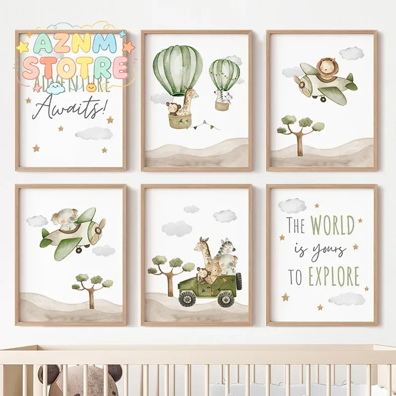 Hot Air Balloon Animals Poster - Baby Nursery Giraffe 评论和价格