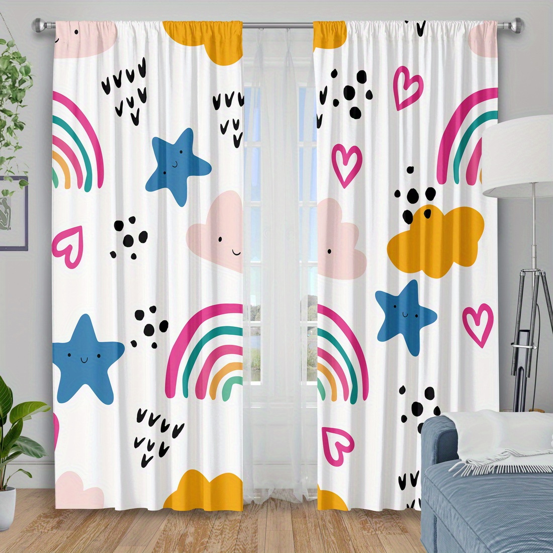 Cute Rainbow Stars Hearts Nurs - Baby Nursery Curtains 评论和价格