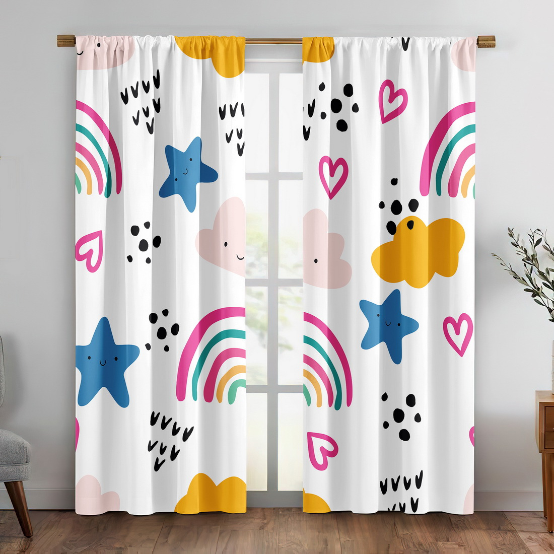Cute Rainbow Stars Hearts Nurs - Baby Nursery Curtains 评论和价格