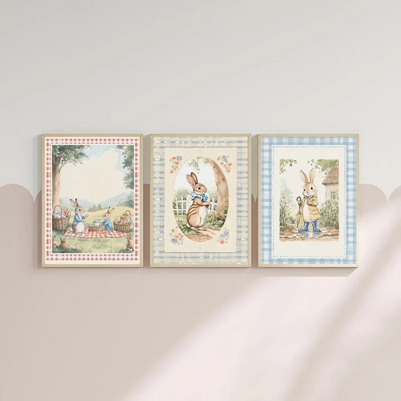Vintage Boho Blue Plaid Rabbit - Baby Nursery Vintage Decor 评论和价格