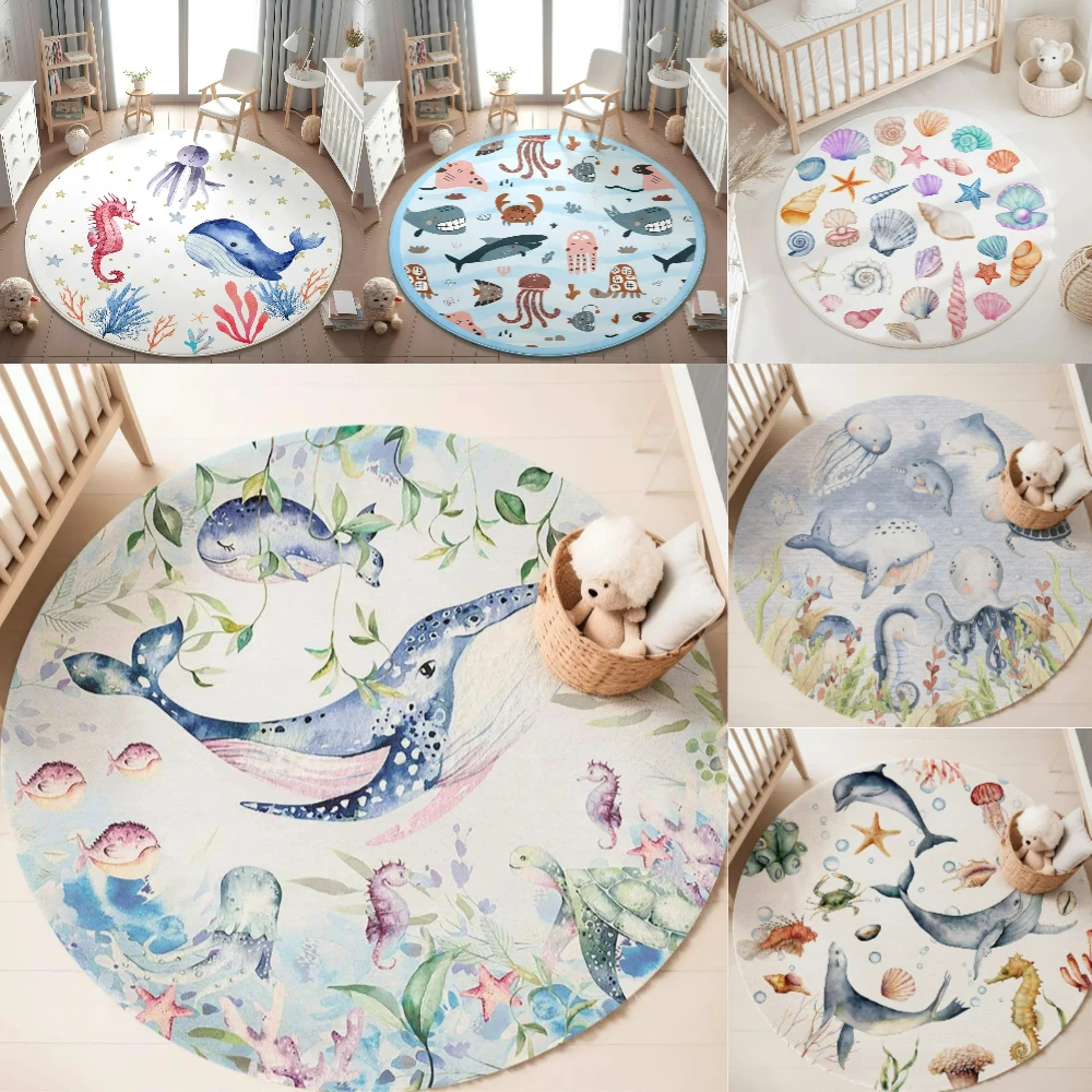 Blue Marine animal Round Carpe - Baby Nursery Games 评论和价格