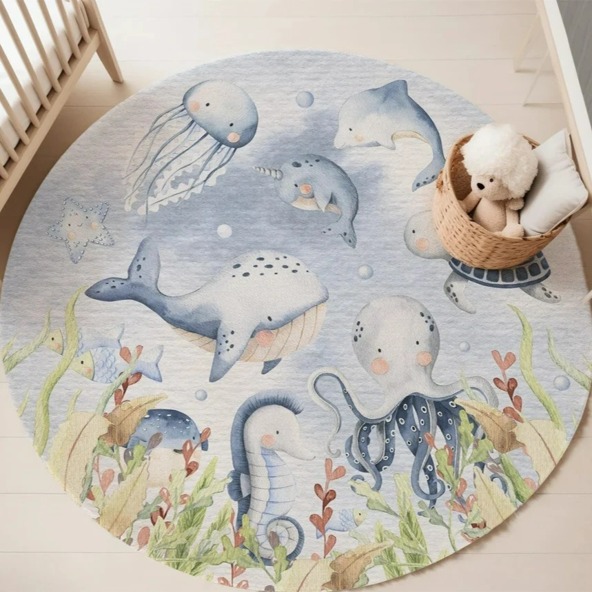 Blue Marine animal Round Carpe - Baby Nursery Games 评论和价格